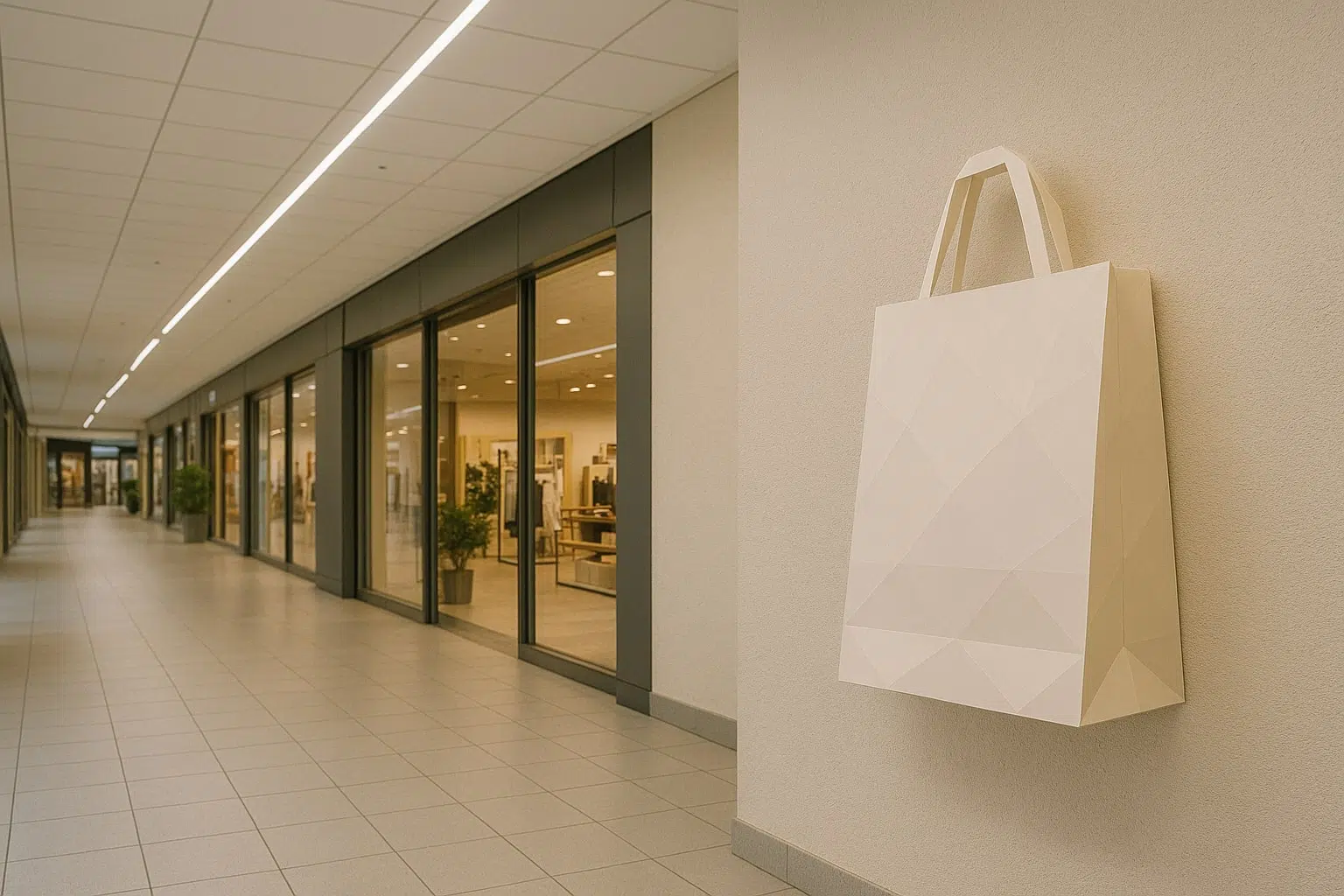 Sac shopping géant en papier suspendu dans une galerie commerciale