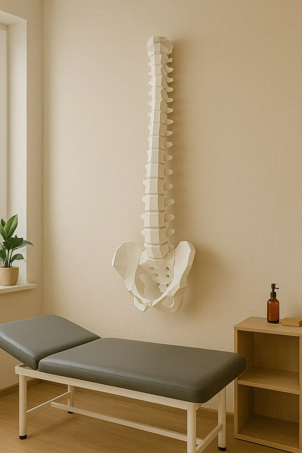 Colonne vertébrale en papier sculpté dans un cabinet d'ostéopathie