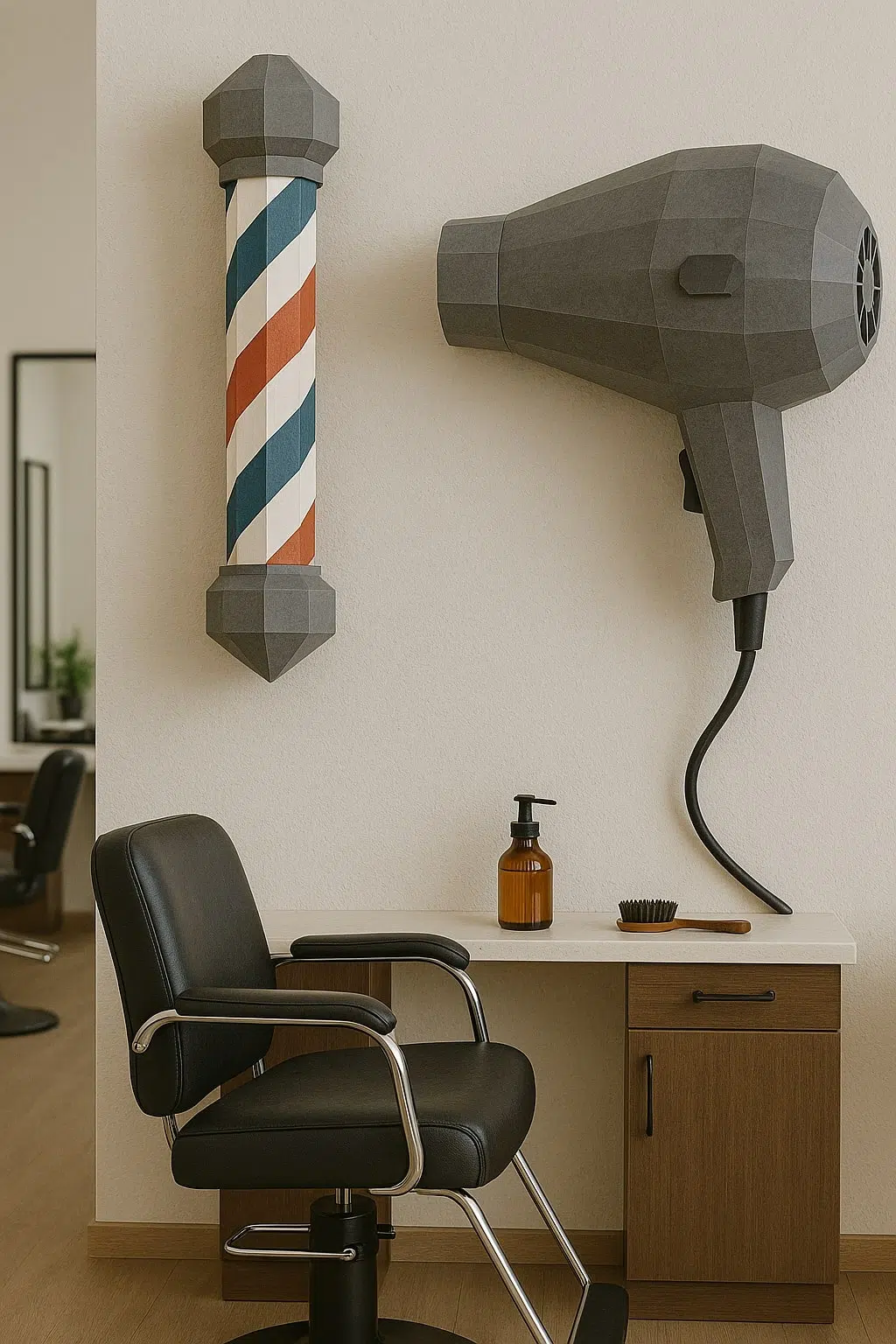 Enseigne de barbier et sèche-cheveux en papier dans un salon de coiffure