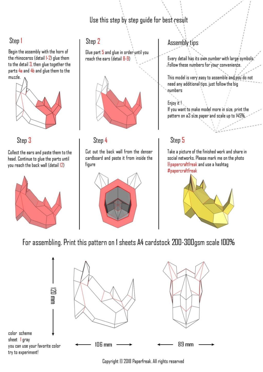 Kleines Rhinozeros-Kopf-Trophäe aus 3D-Papercraft – Kindermodell