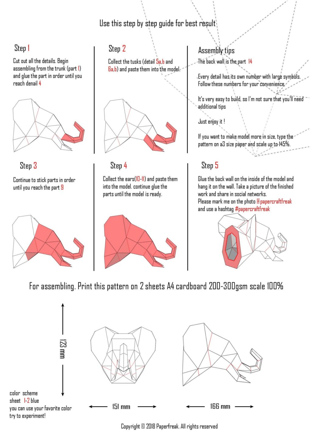 Pequeno troféu cabeça de elefante em papercraft 3D – modelo PDF para imprimir
