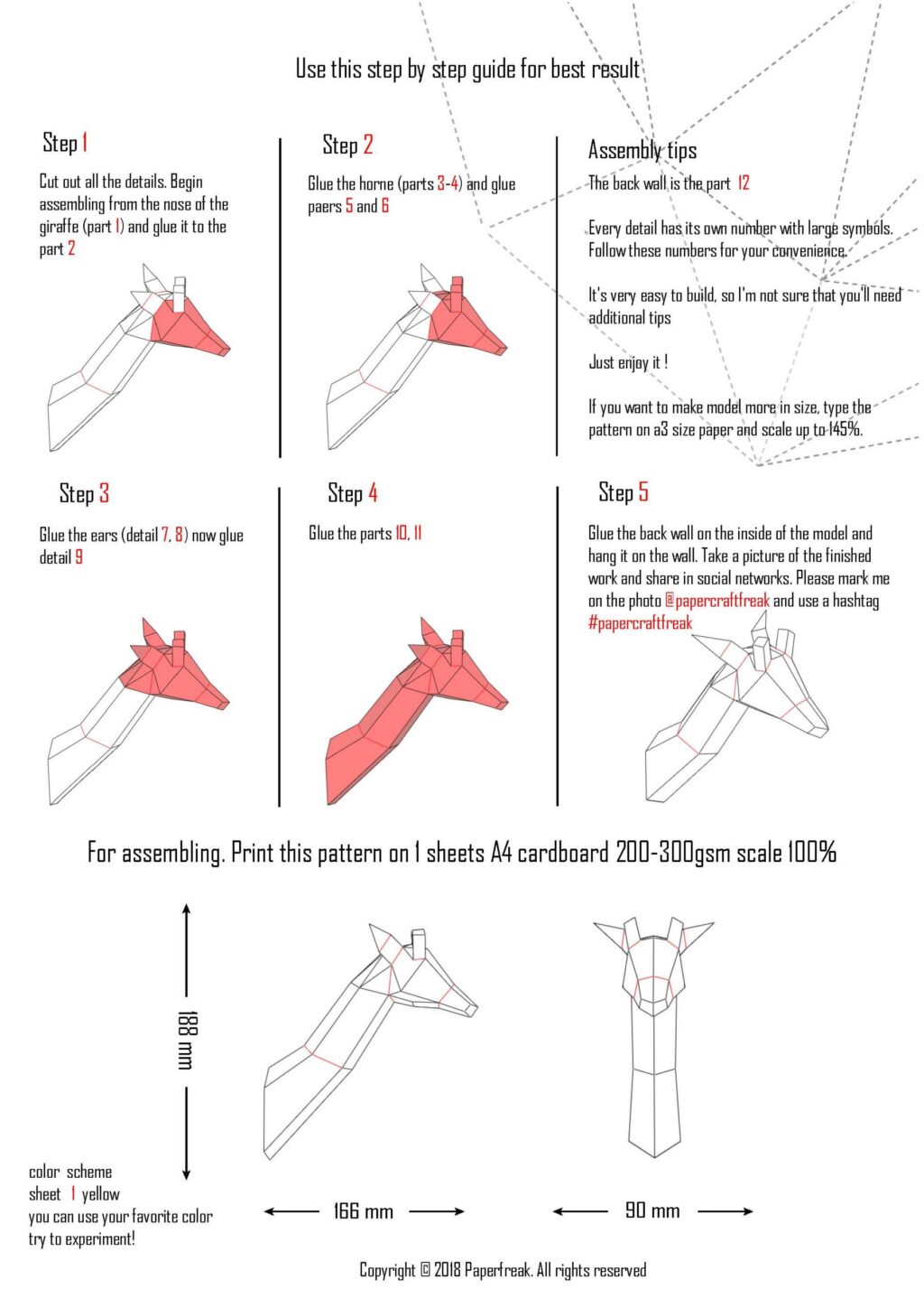 Pequeno troféu de cabeça de girafa em papercraft 3D para crianças