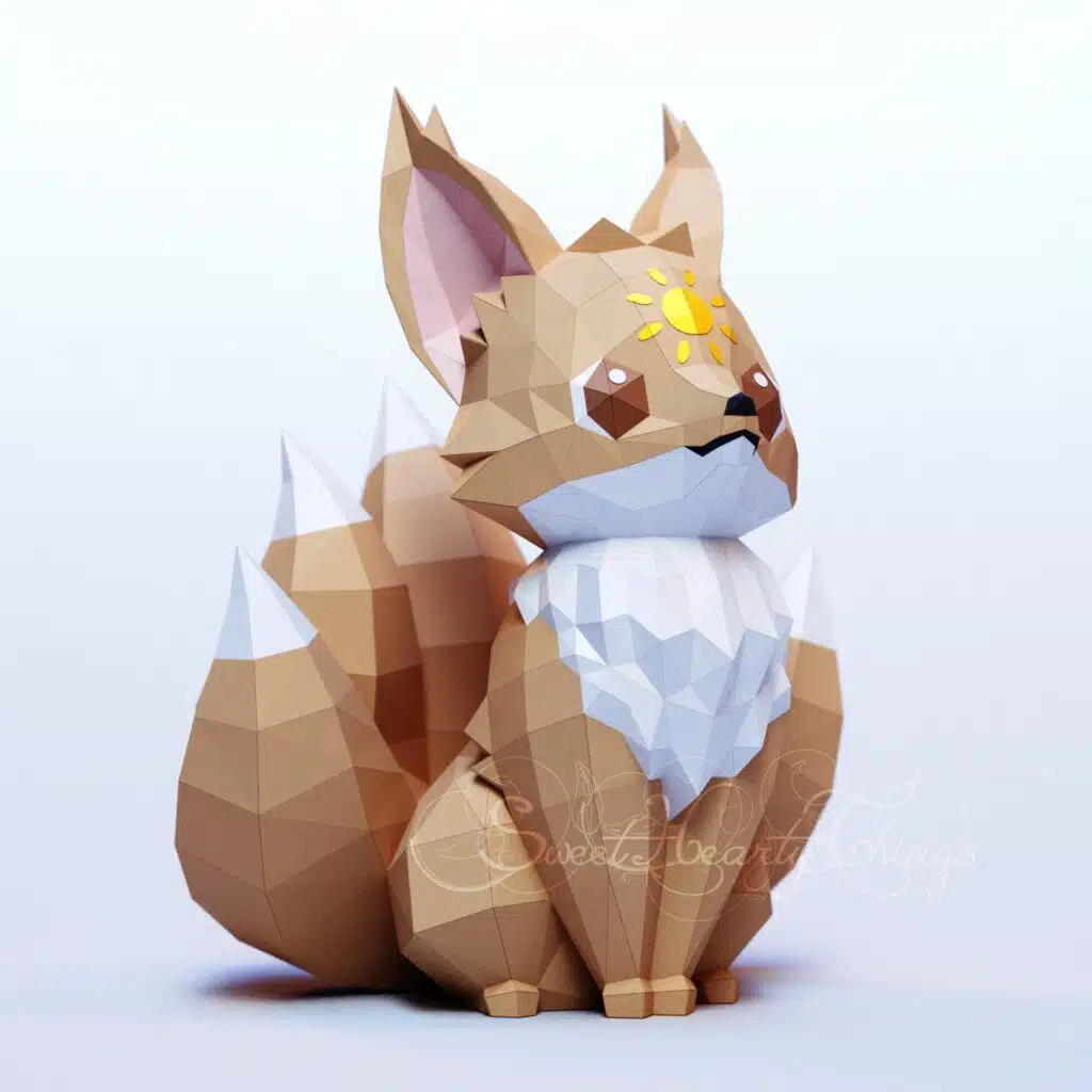 Pequeno Kitsune sobre o sol em papercraft 3D – modelo PDF, SVG e DXF