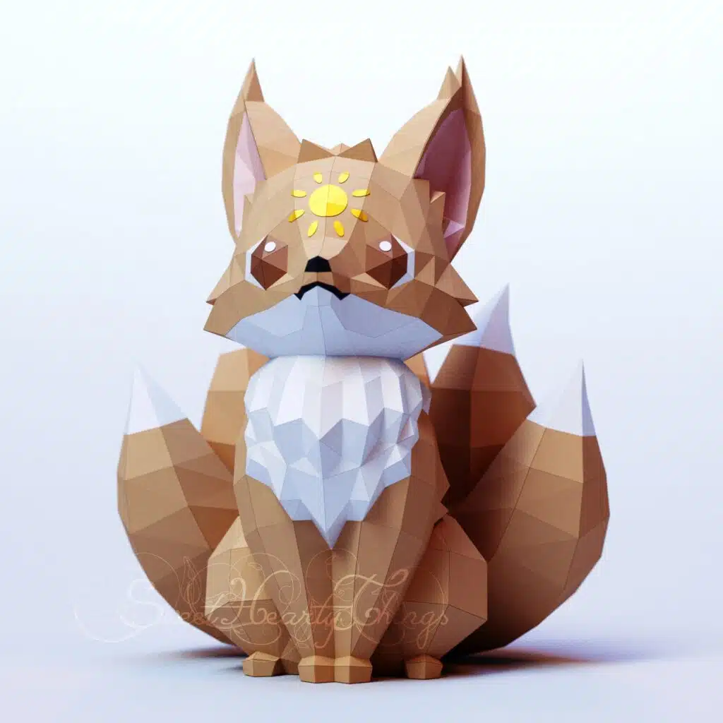 Kitsune-renard op de zon in 3D-papercraft, weergave 2