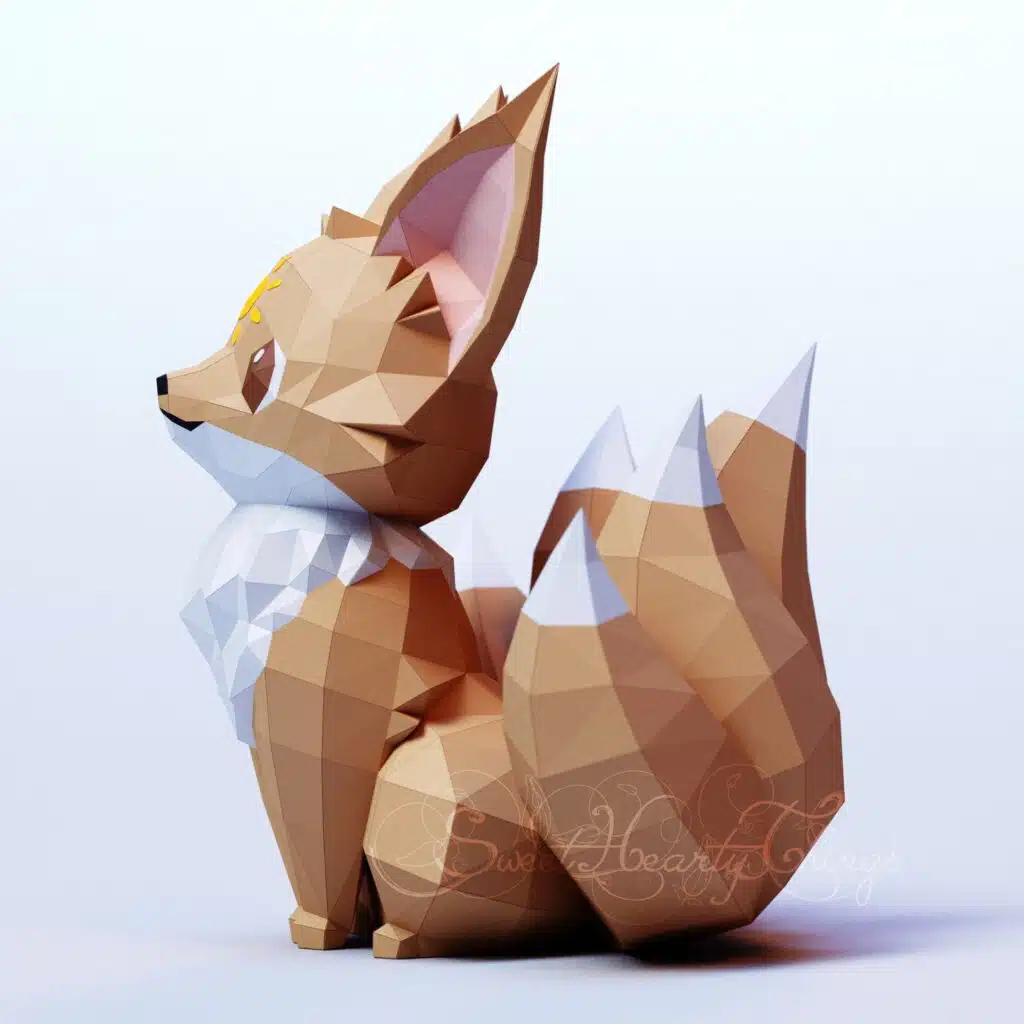 Piccolo kitsune sul sole in papercraft 3D – modello PDF, SVG e DXF