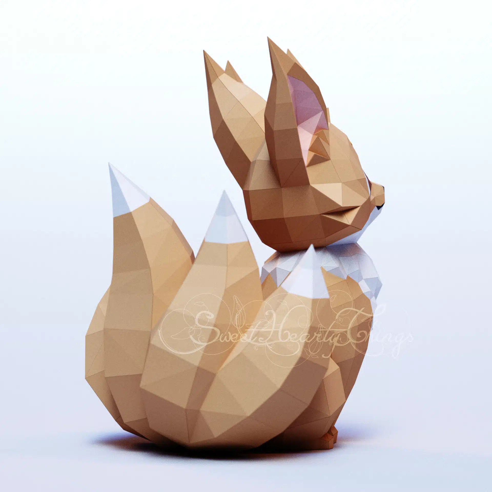 Kitsune-renard op de zon in 3D-papercraft, weergave 4