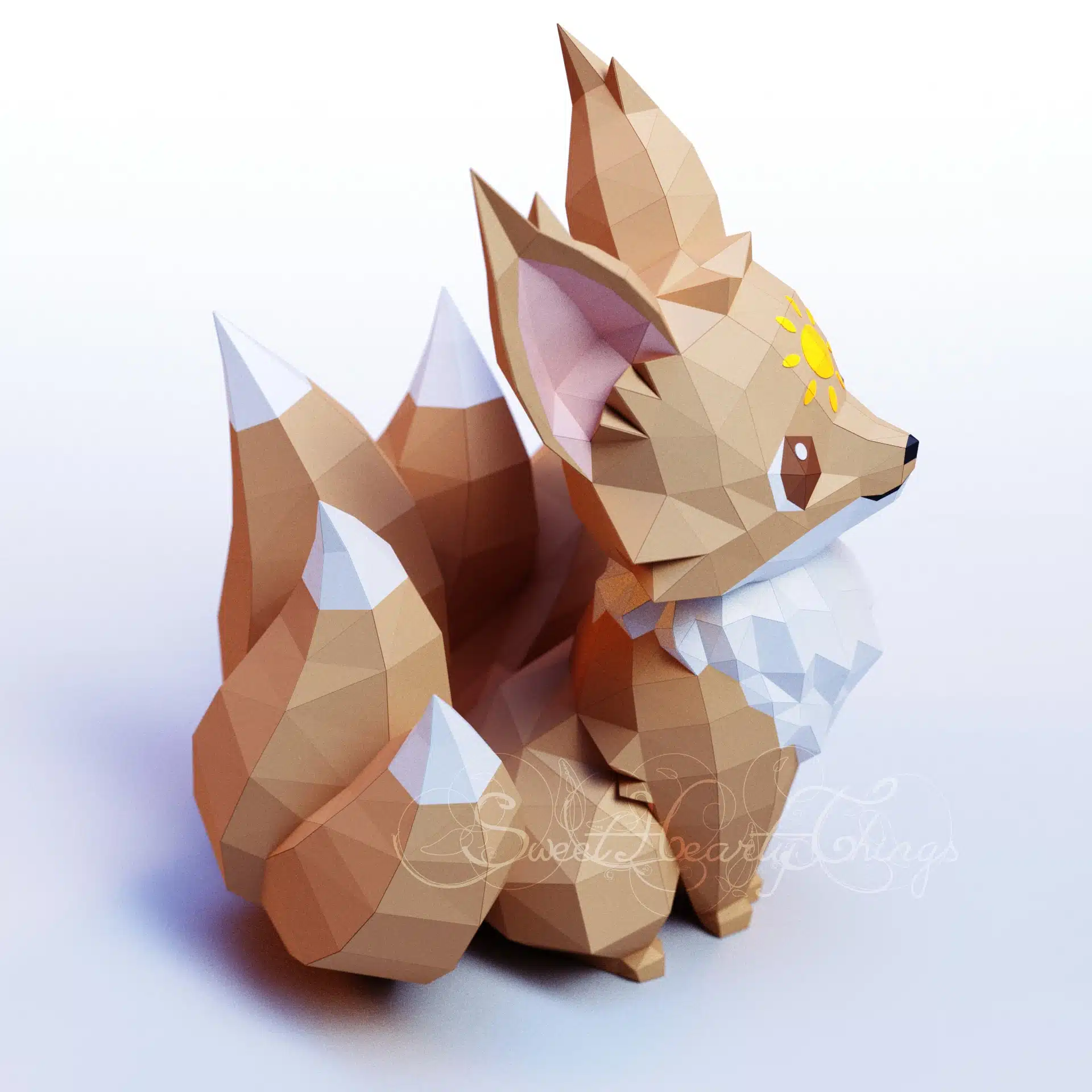 Kitsune-renard op de zon in 3D-papercraft, weergave 5