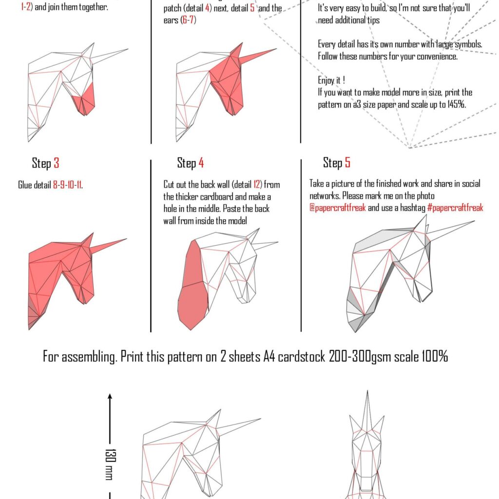 Papercraft unicorn head in 3D origami