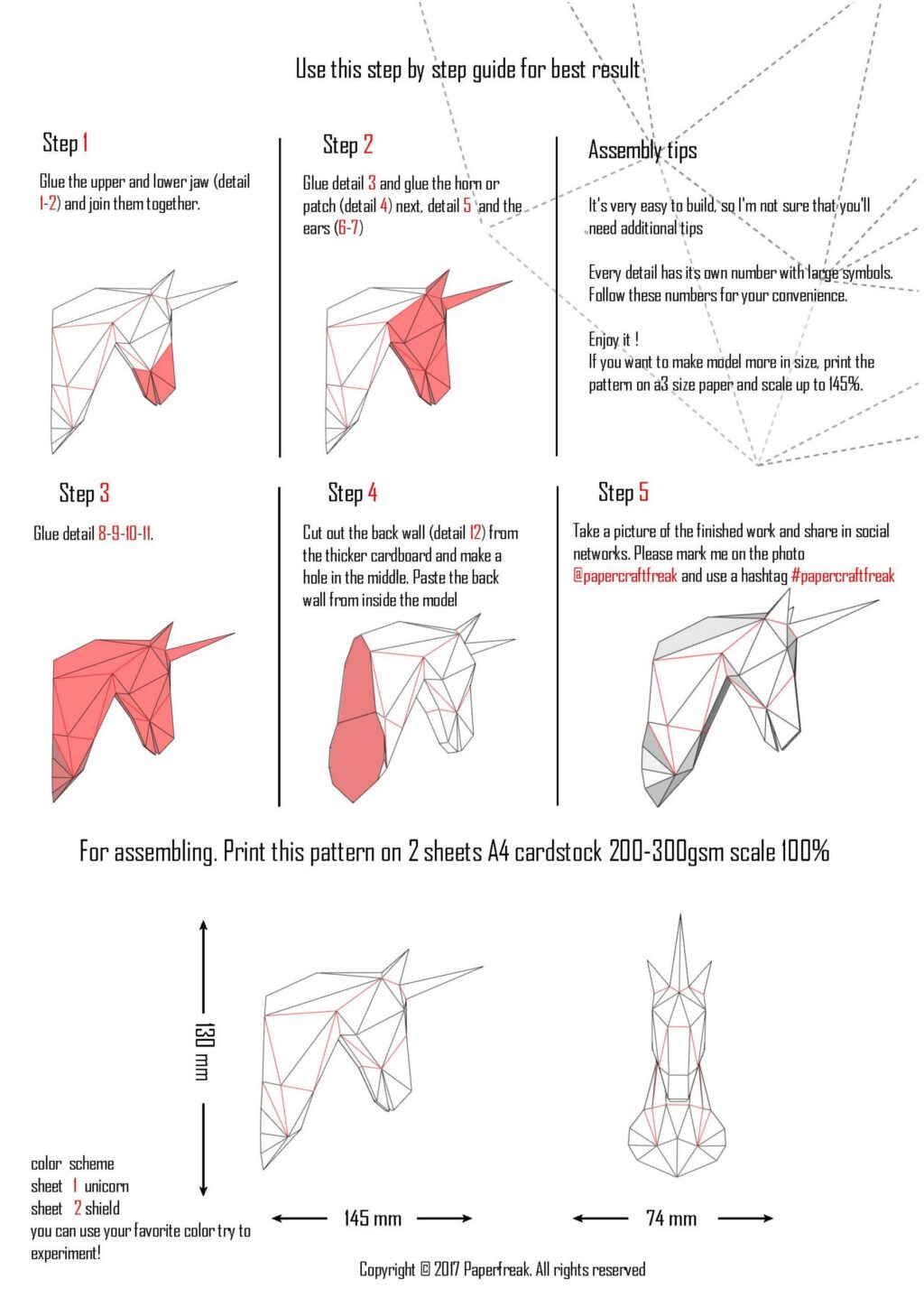 Kleines Einhornkopf‑Trophäe aus 3D‑Papercraft – Kindermodell