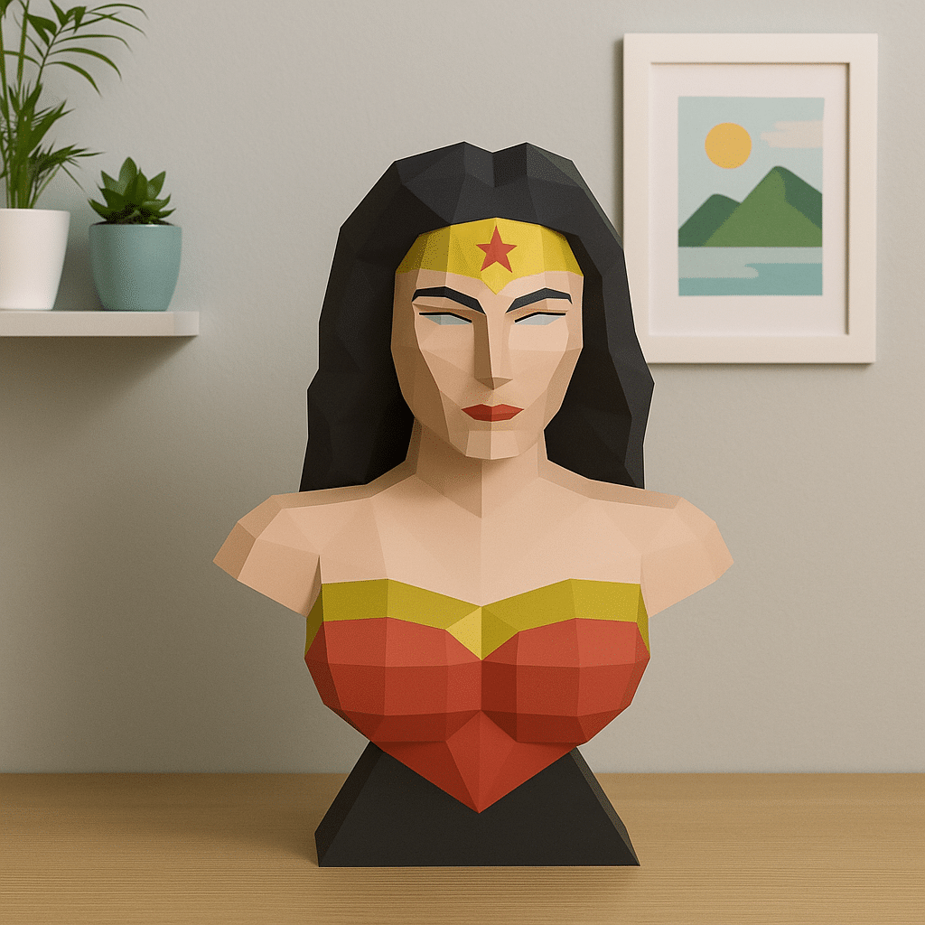 Papercraft bust of superheroine in 3D origami