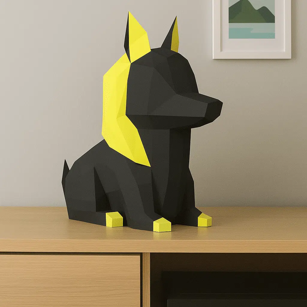 Papercraft stylized Egyptian dog in 3D origami