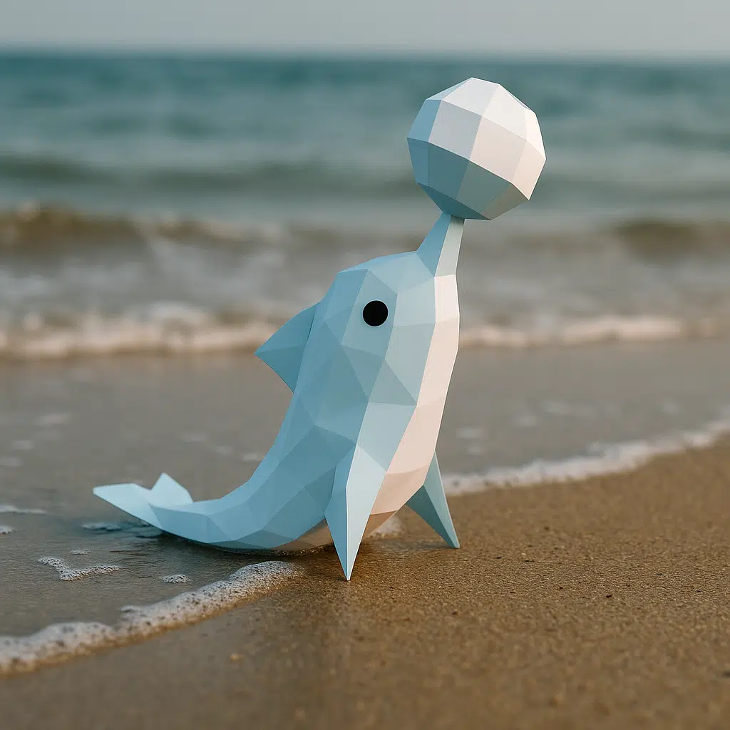 Papercraft de dauphin équilibrant une balle en origami 3D