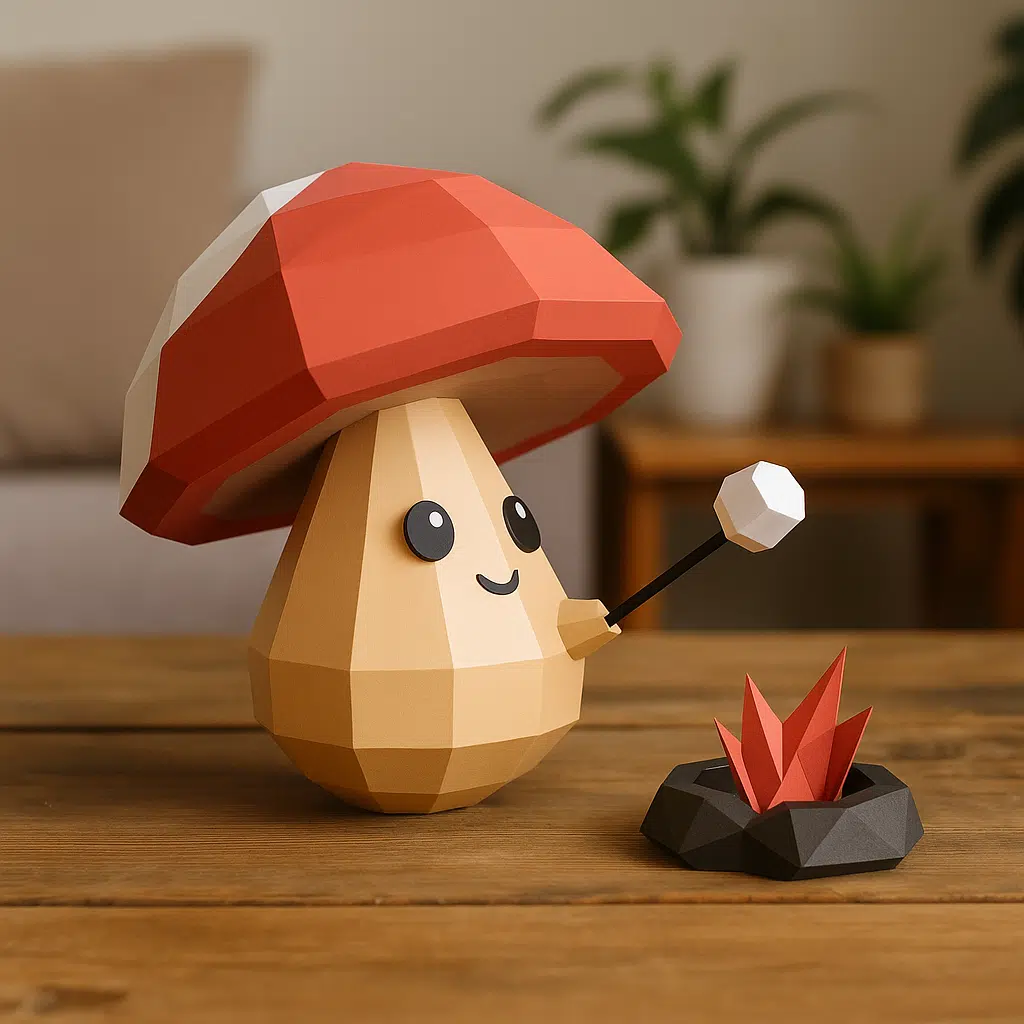 Pilz, der einen Marshmallow grillt – 3D-Papercraft