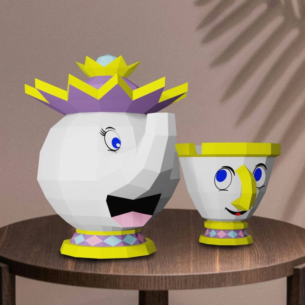 Papercraft Mrs Potts and Chip in 3D origami