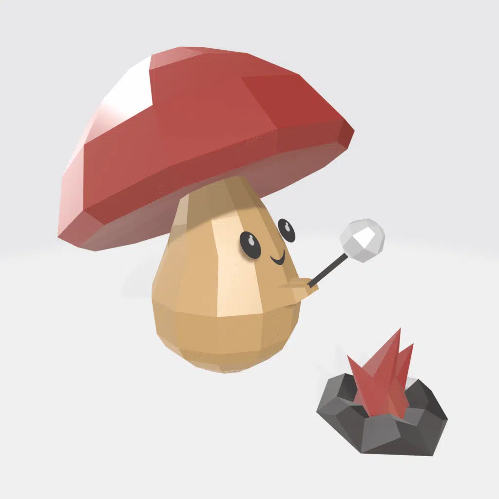 Champignon qui grille un chamallow en papercraft 3d
