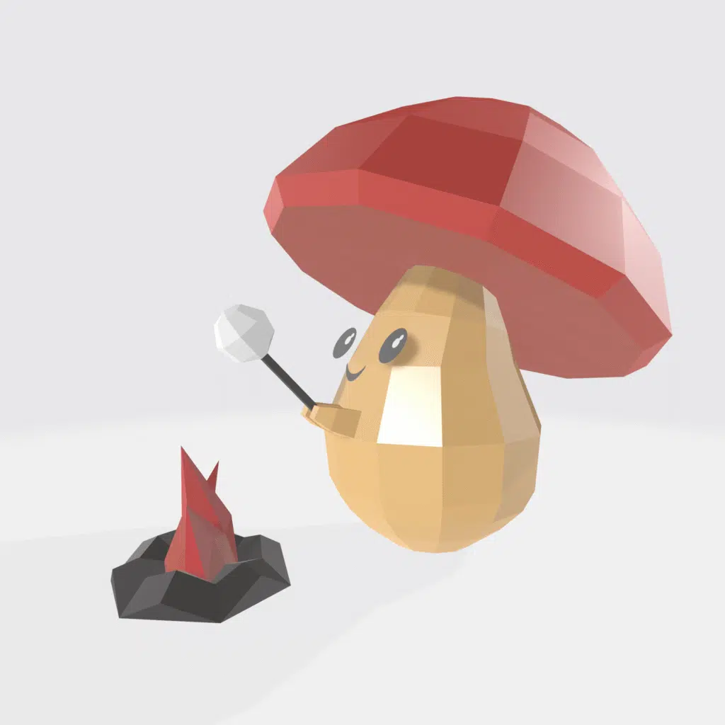 Champignon qui grille un chamallow en papercraft 3d