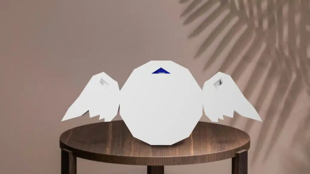 Blauwe schild van Mario in 3D papercraft origami, weergave 2
