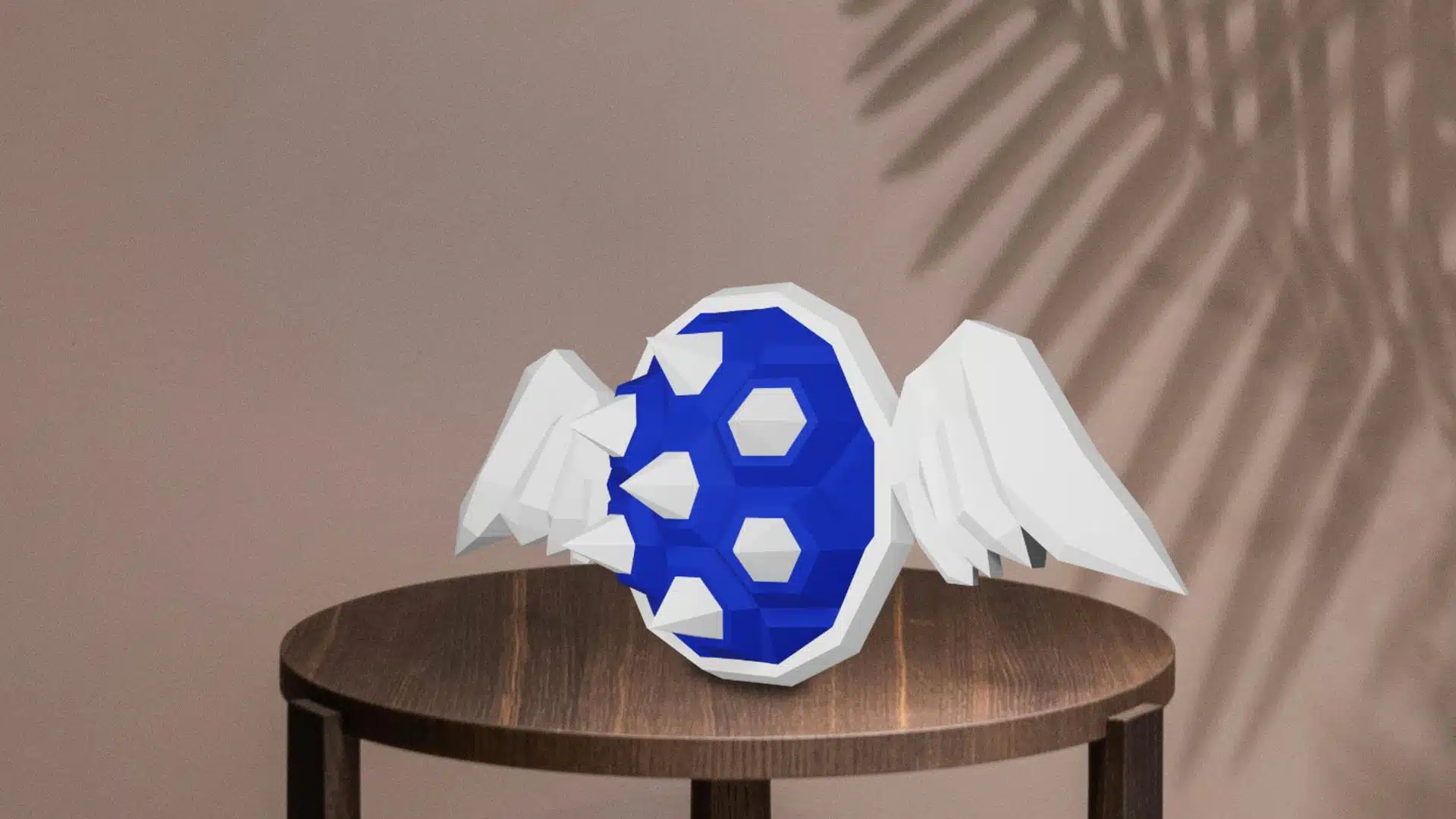 Blauwe schild van Mario in 3D papercraft origami, weergave 4
