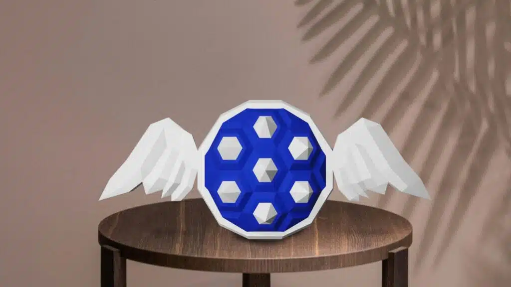 Blauwe schild van Mario in 3D papercraft origami, weergave 3