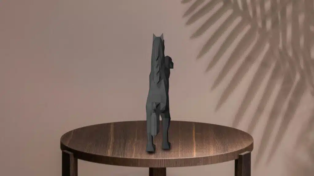 Zwart paard in 3D papercraft, weergave 3