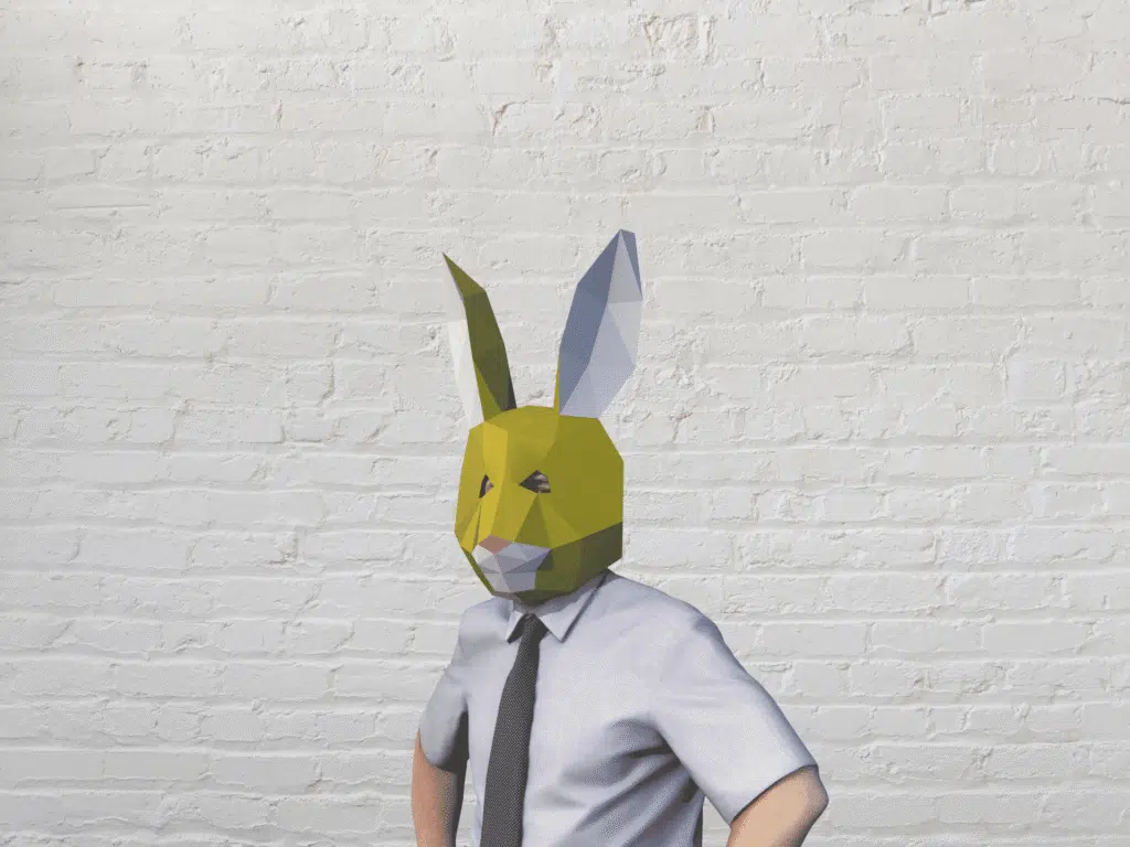 Masker van konijn met rode neus in 3D-papercraft, weergave 3