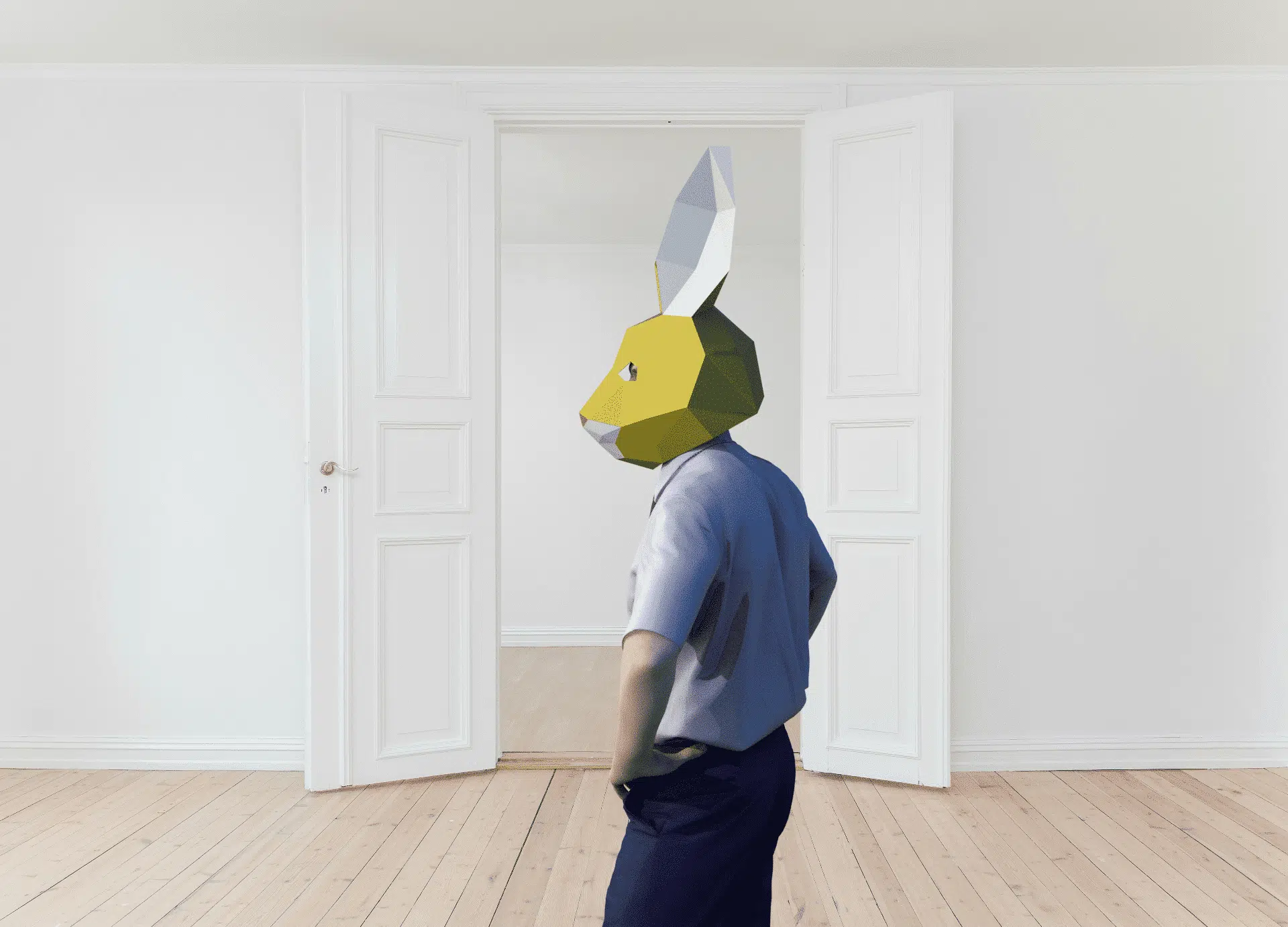 Masker van konijn met rode neus in 3D-papercraft, weergave 5