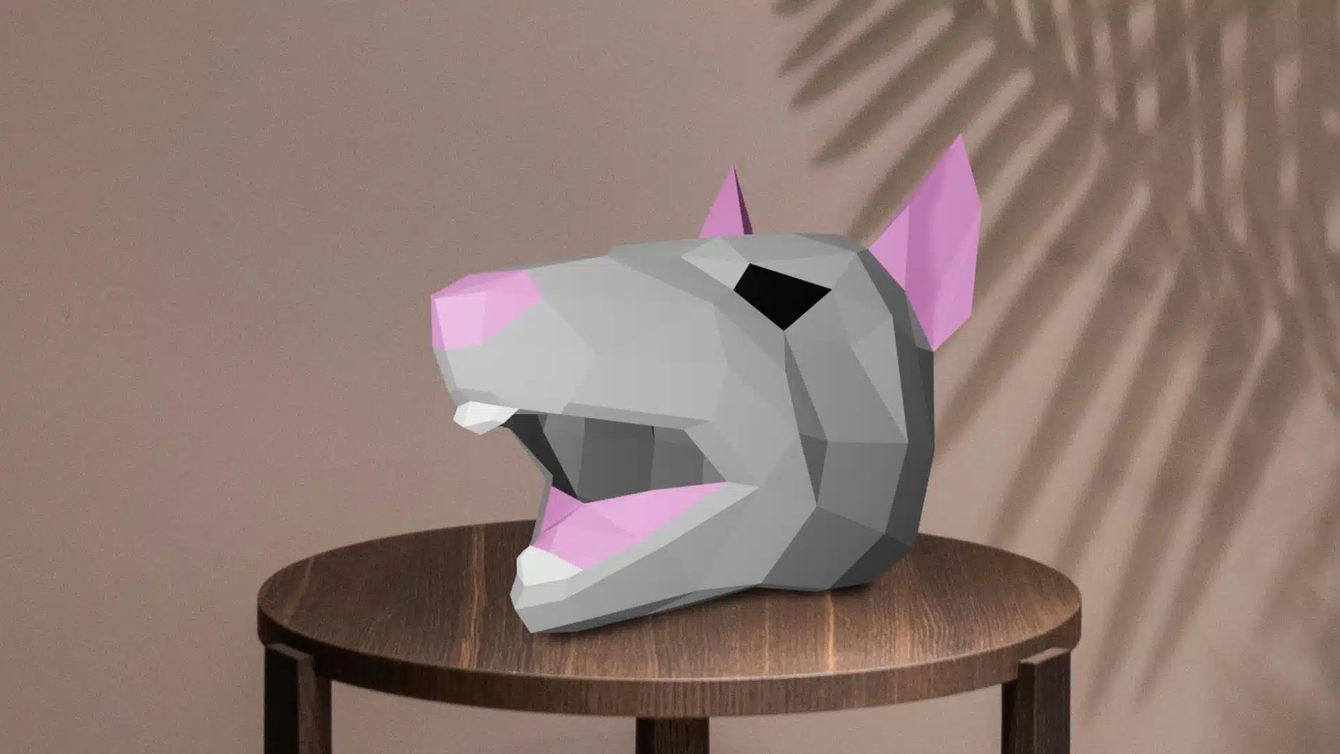Masker van rat met open bek in 3D-papercraft, weergave 5