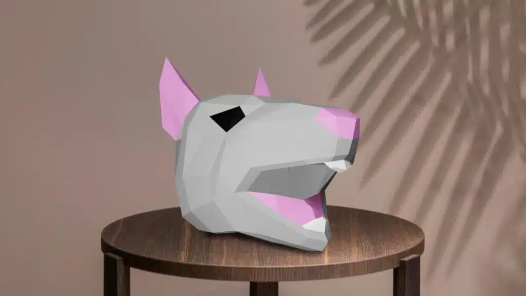 Masker van rat met open bek in 3D-papercraft, weergave 3