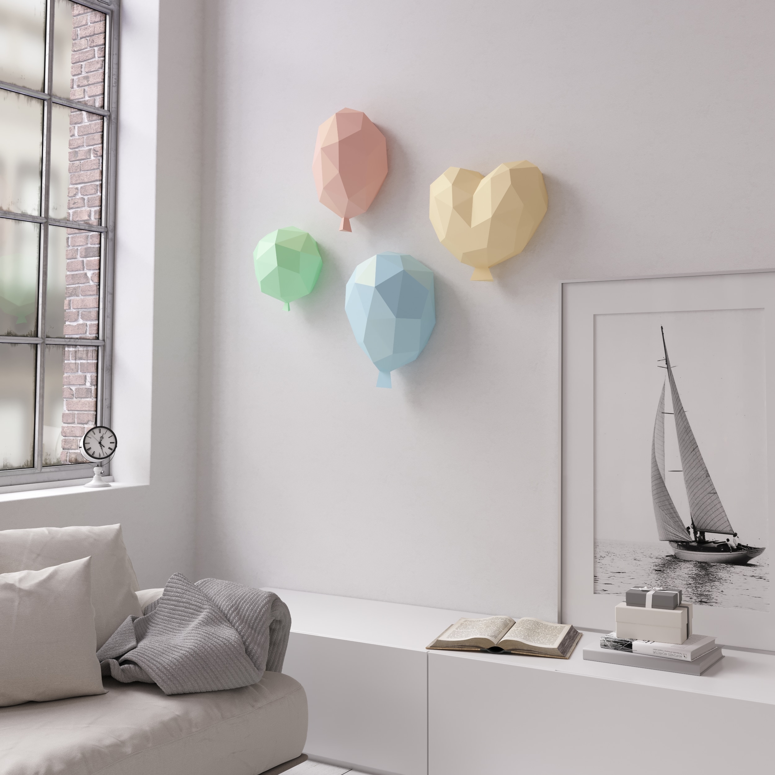 Papercraft 3D ballons à créer – 4 ballons + bonus mural | Modèle PDF Pepakura à assembler soi-même