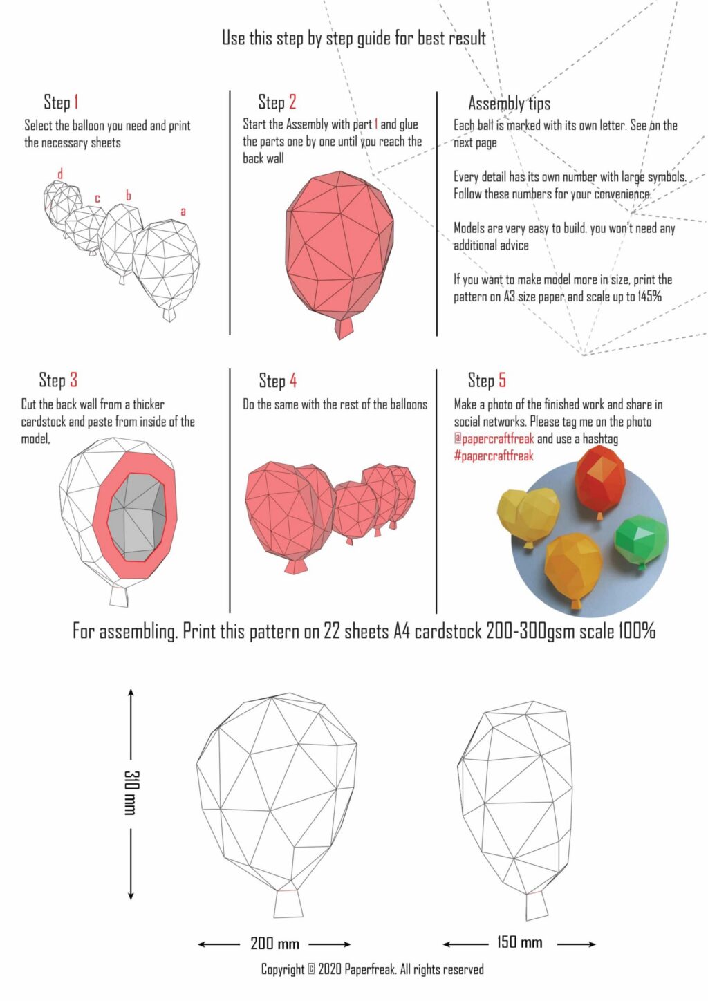 Papercraft 3D de balões para criar – 4 balões + bônus mural | Modelo PDF Pepakura para montar
