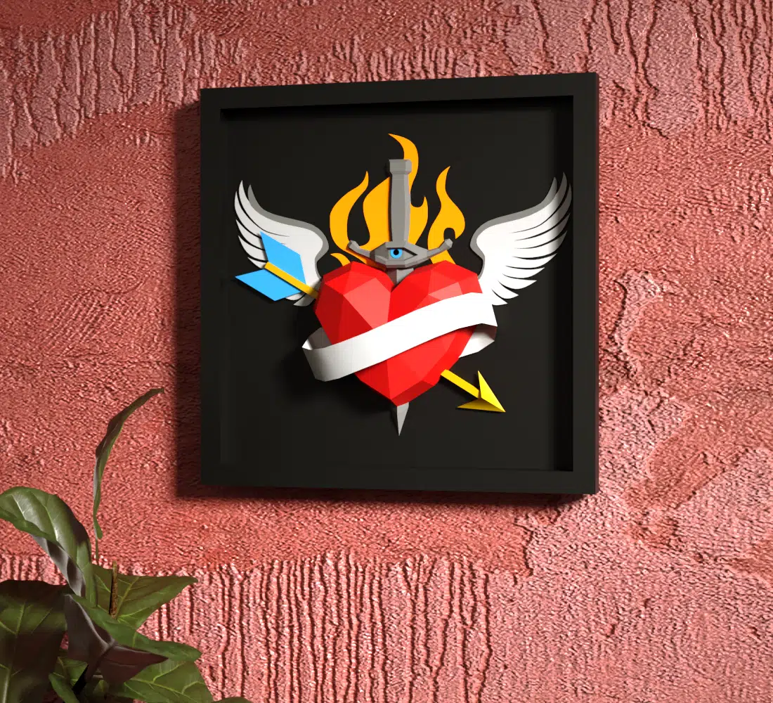 Origami 3D hart met tatoeage in lijst, weergave 9