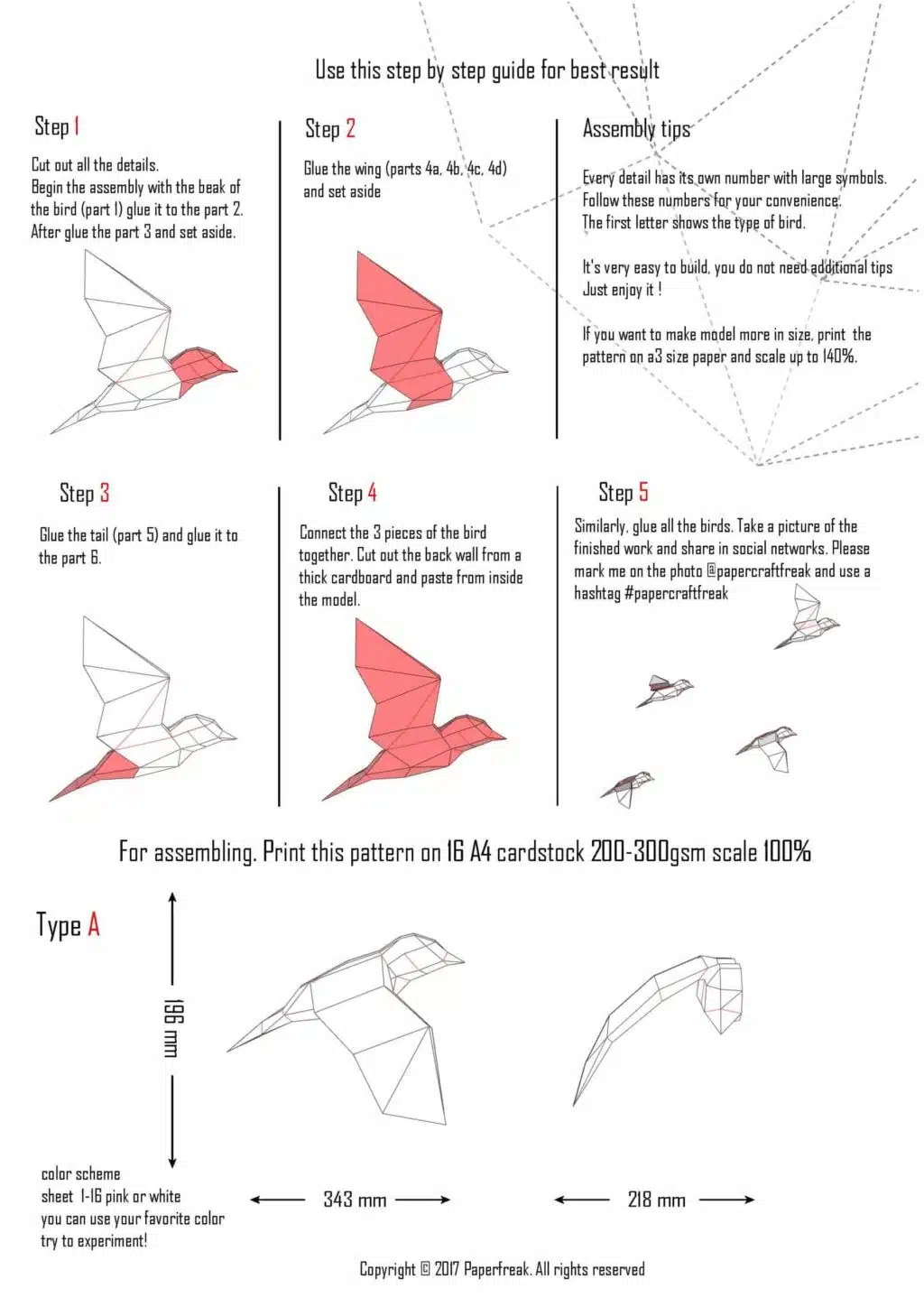 Papercraft 3D roze vliegende vogels origami, weergave 5