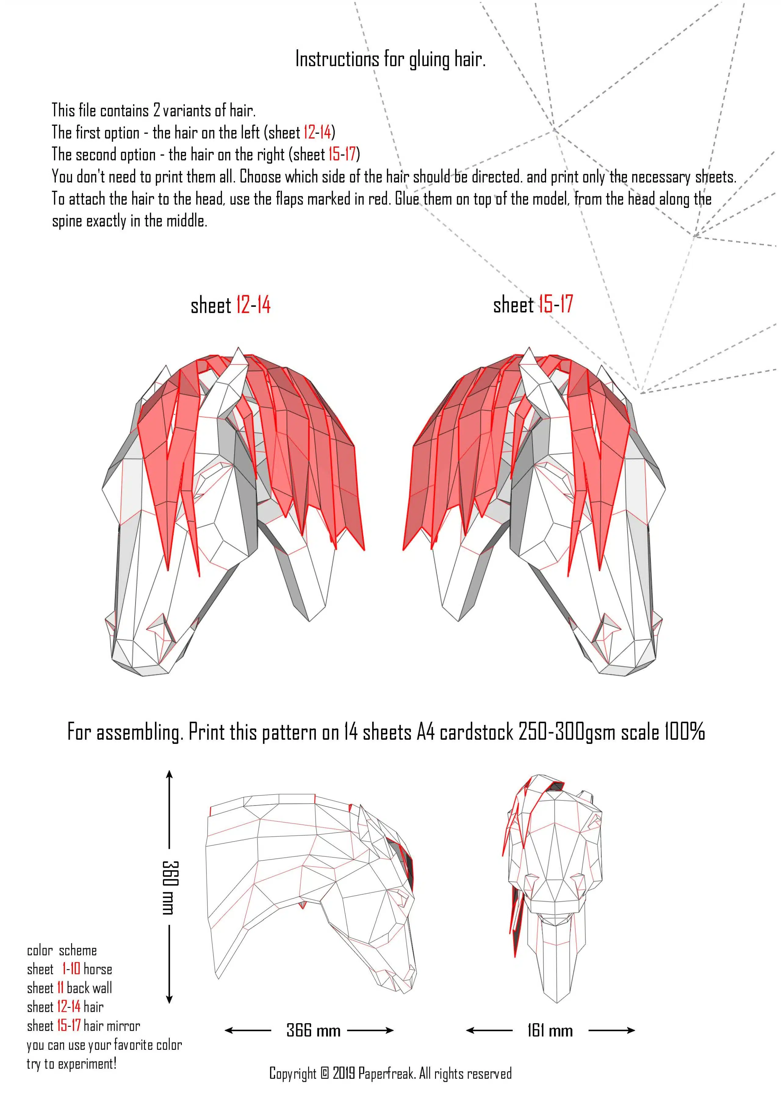 Papercraft tête de cheval arabe à crinière en origami 3D, vue 3