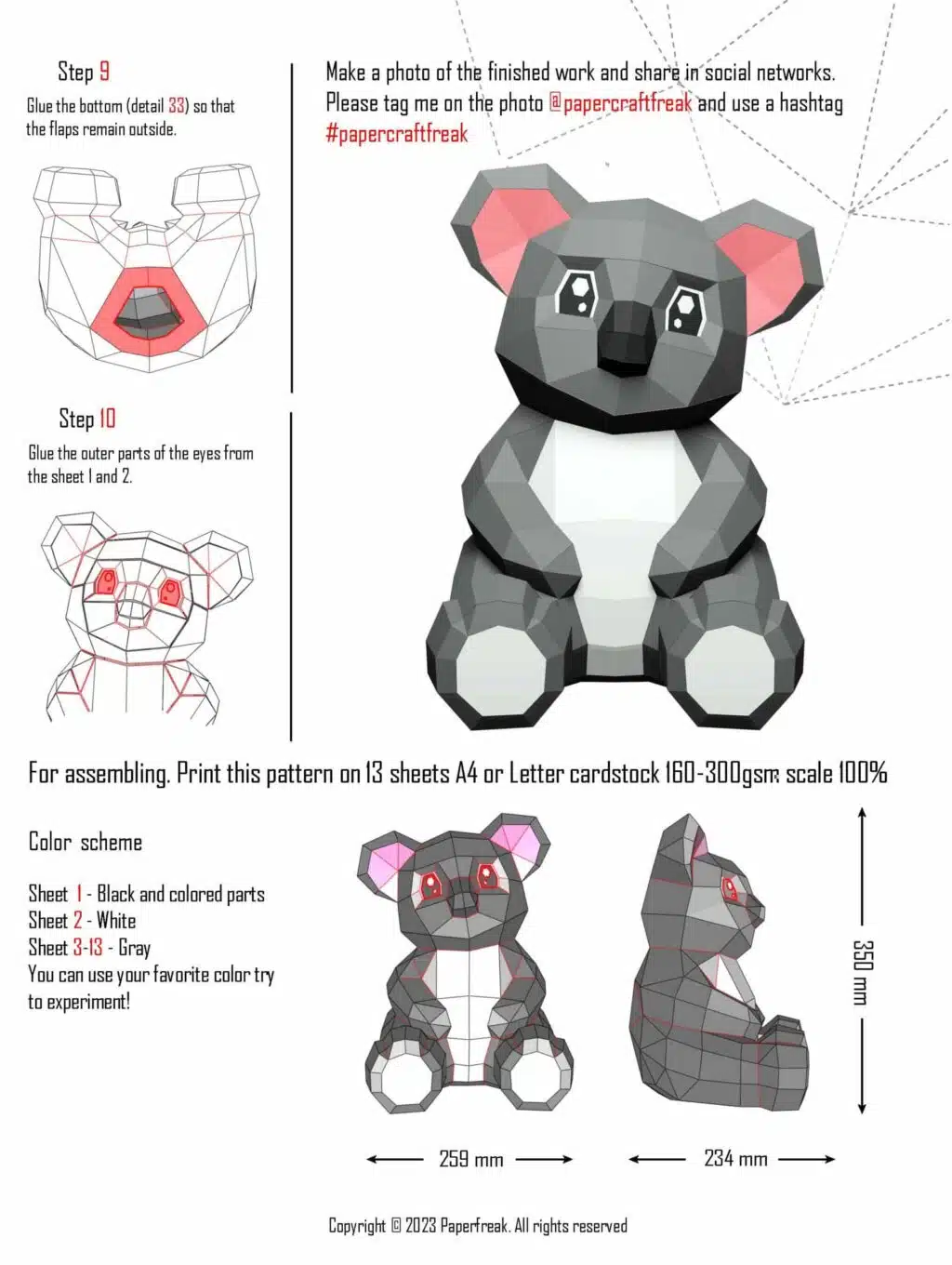 Papercraft di cucciolo di koala con orecchie rosa in origami 3D