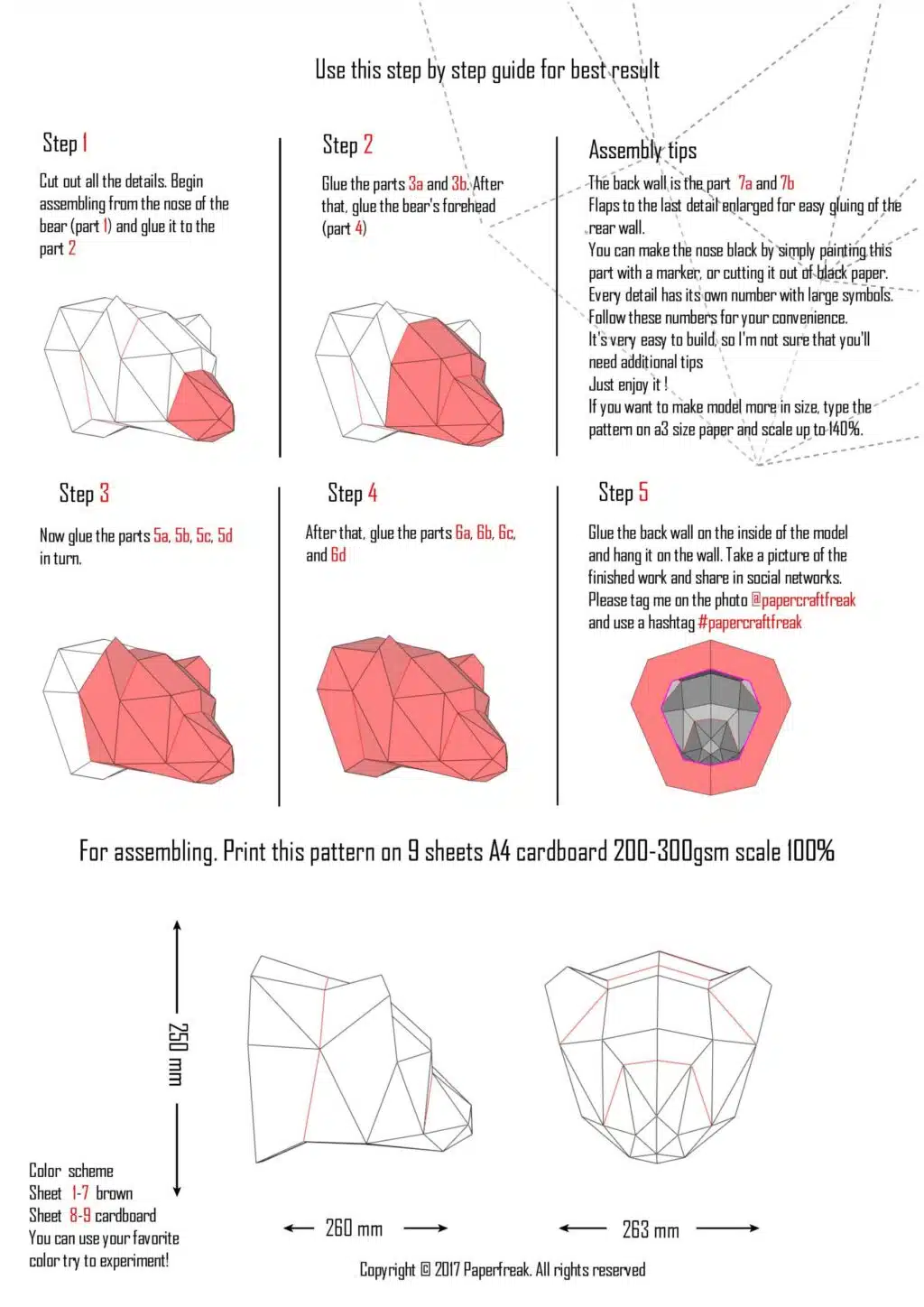 Origami 3D berentrofee met gesloten bek, weergave 5