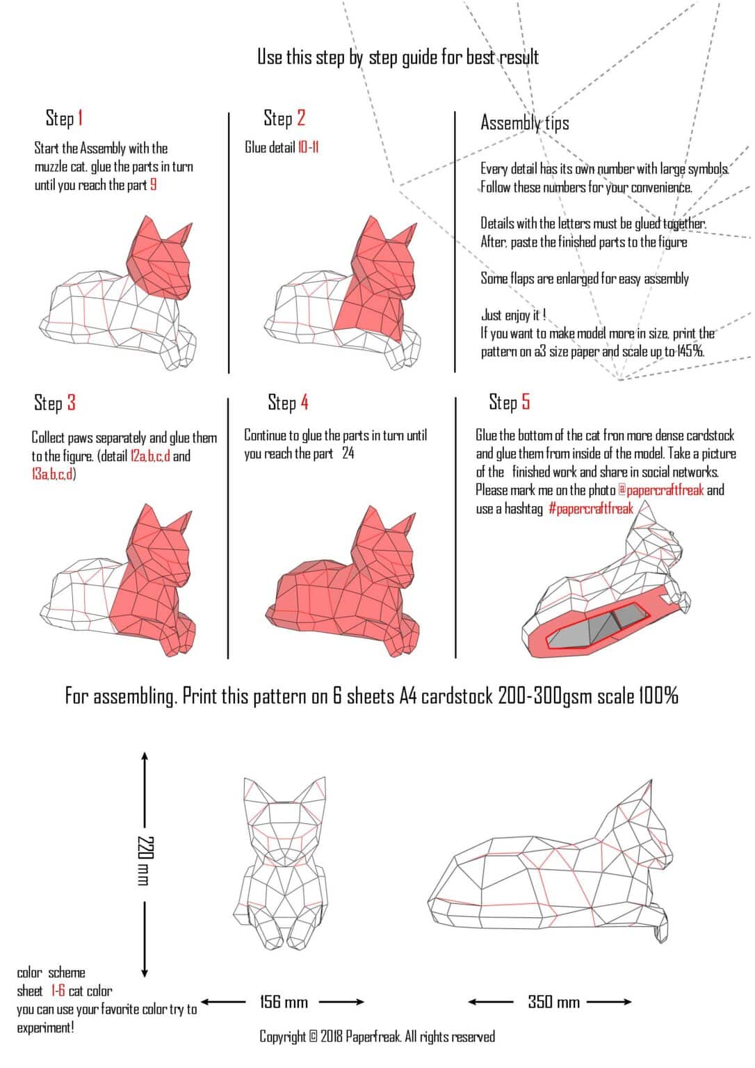 Papercraft of reclining cat in 3D origami