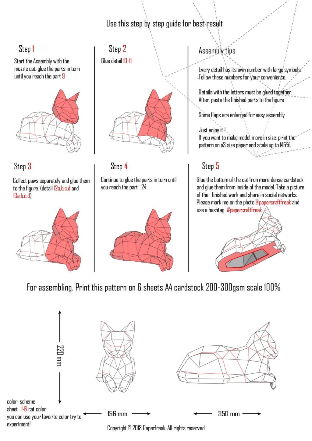 Papercraft de gato recostado en origami 3D