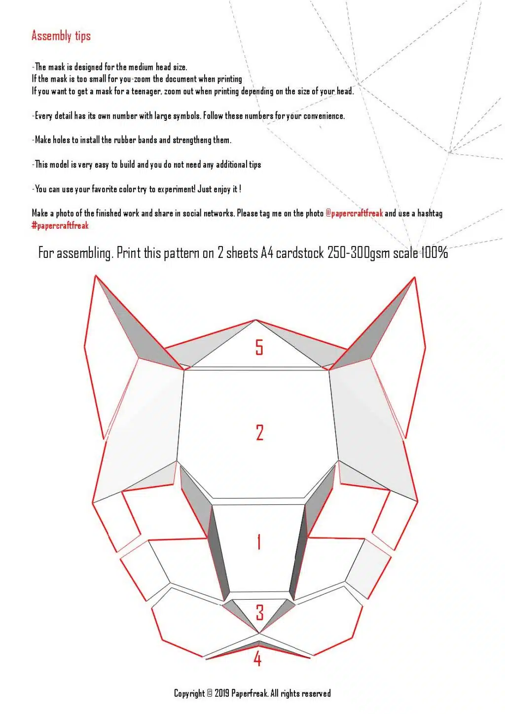 Masker van witte kat in 3D origami, weergave 3