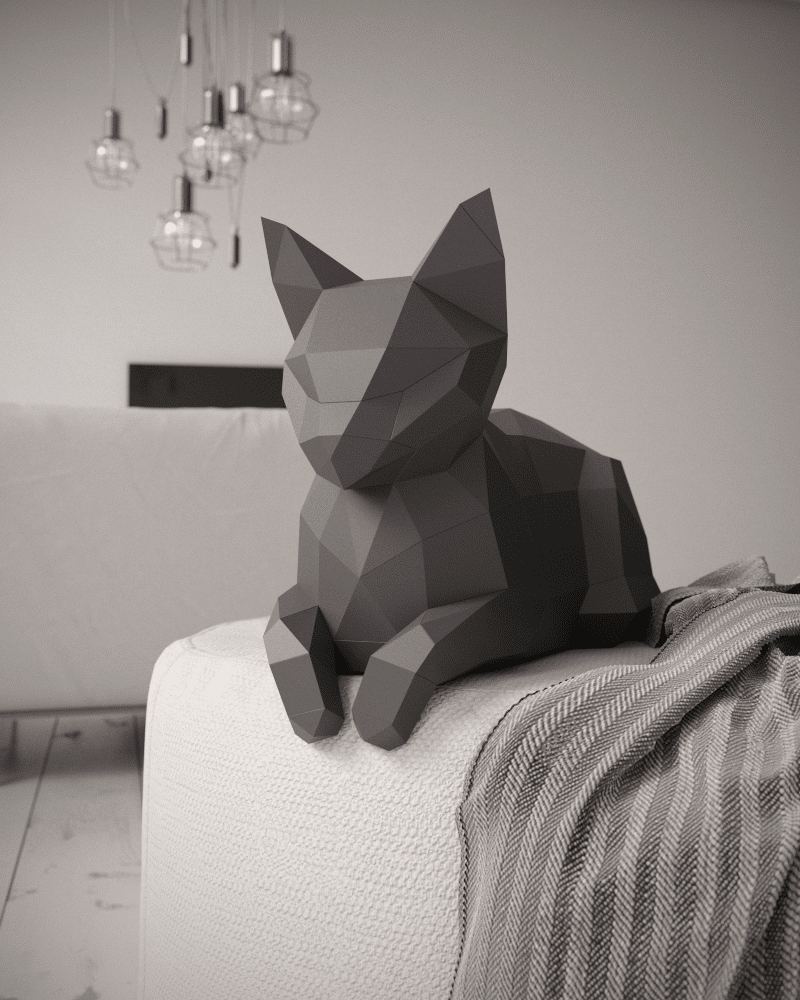 Papercraft de gato deitado em origami 3D