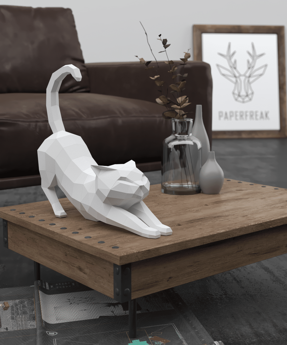 Papercraft of stretching cat in 3D origami