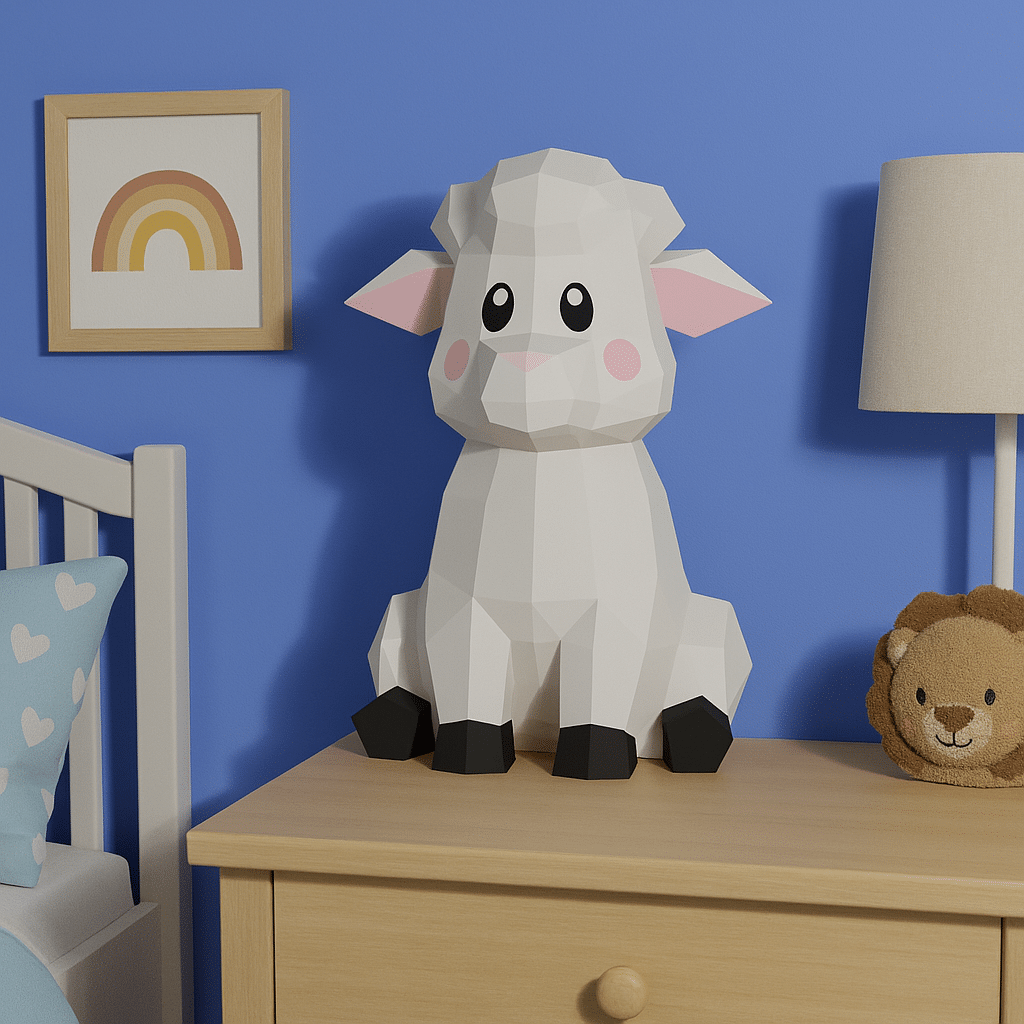 Papercraft of sitting sheep in 3D origami