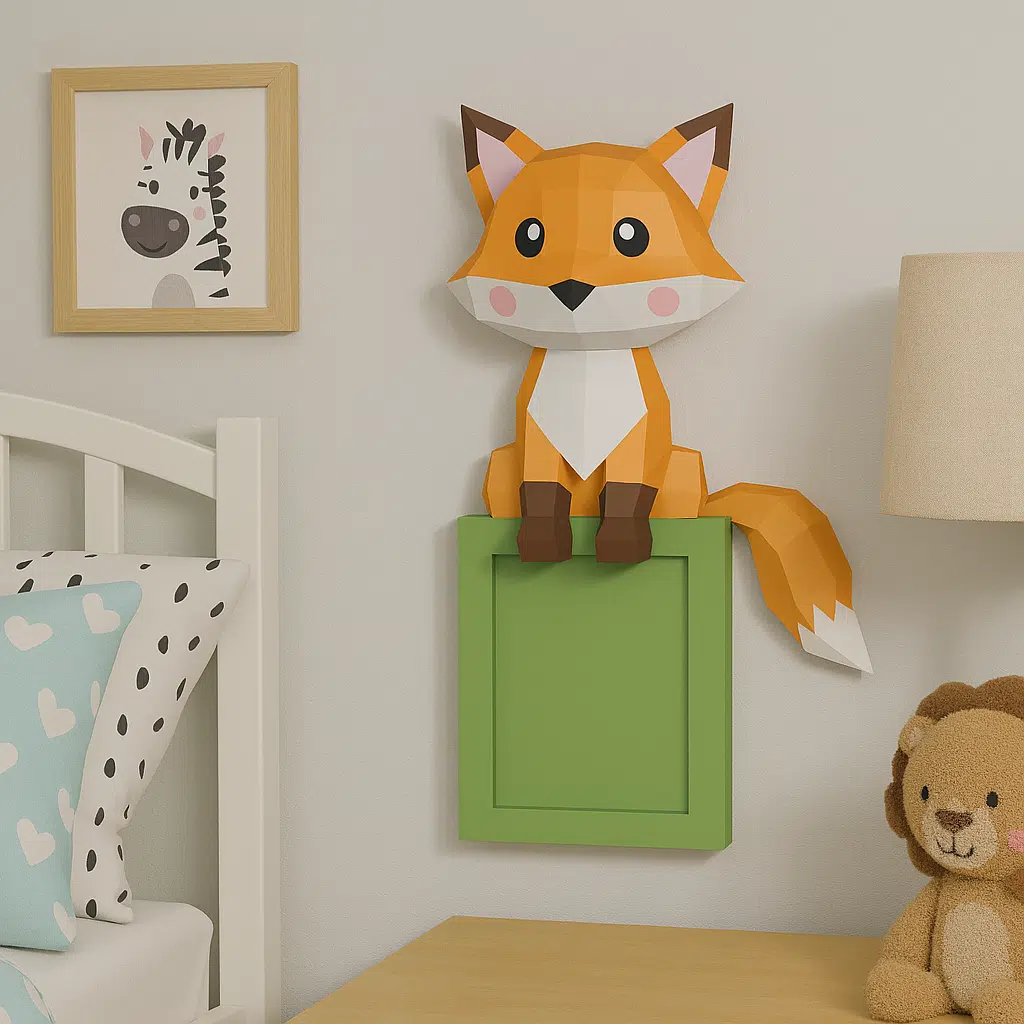 Papercraft volpe seduta su mensola da parete in origami 3D