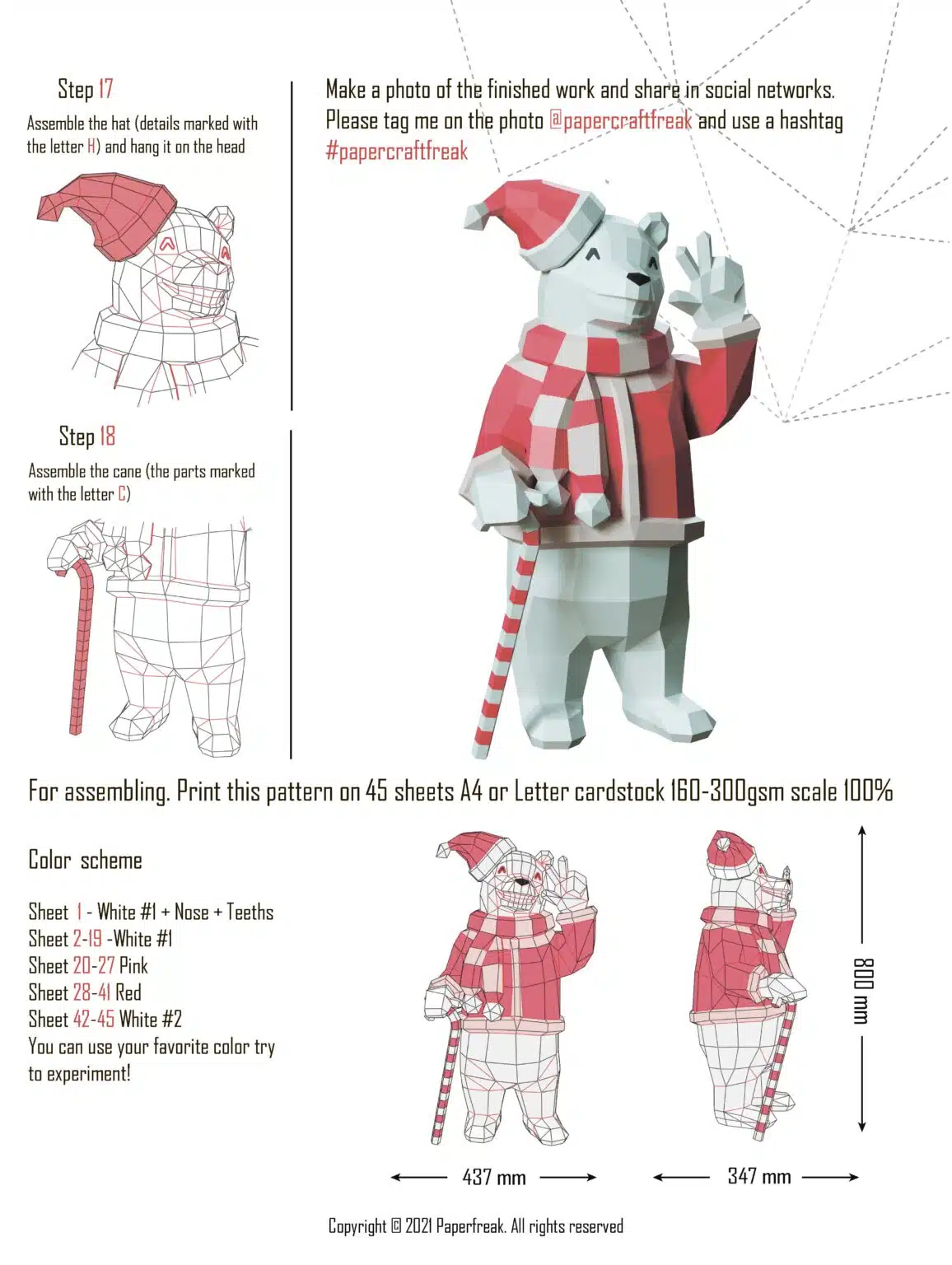 Papercraft of Christmas bear in 3D origami