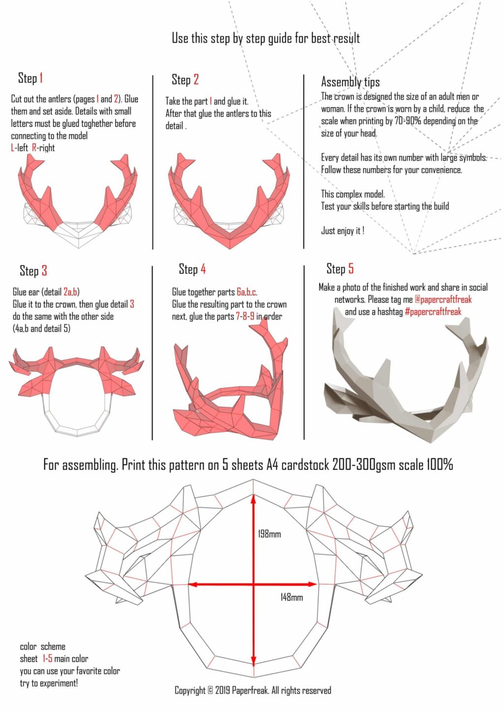 Papercraft corona de astas de ciervo en origami 3D