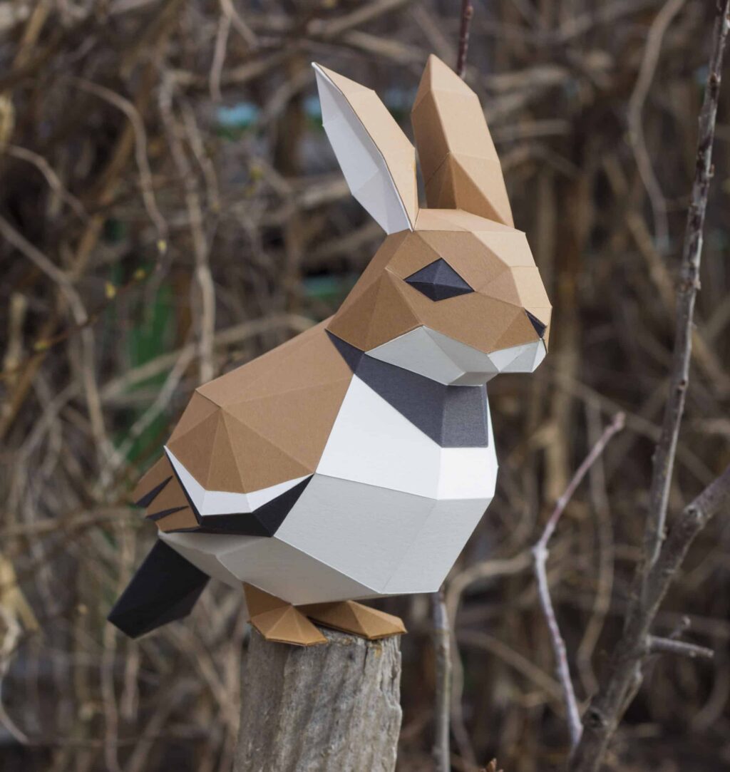 Papercraft de pardal e coelho em origami 3D