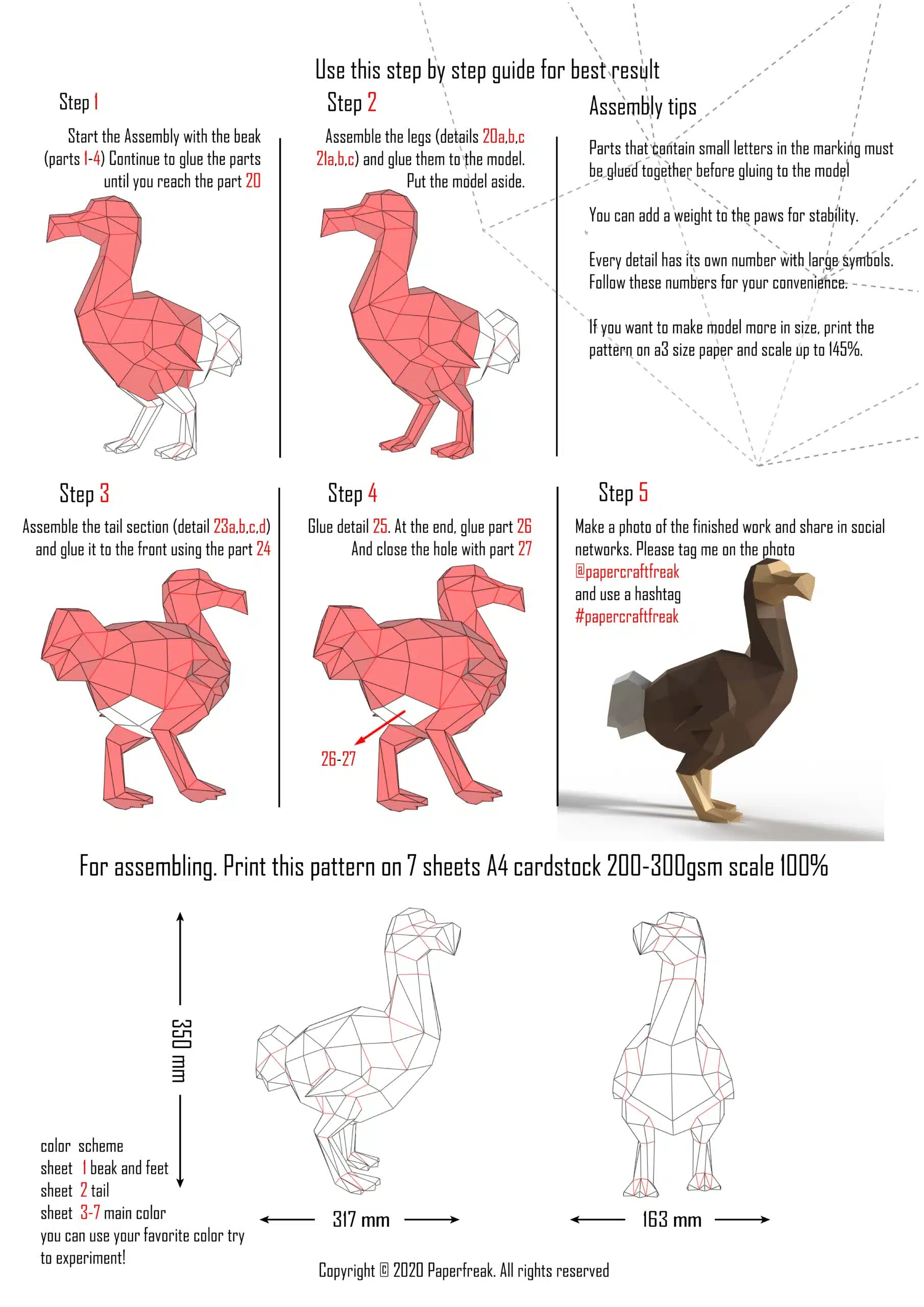 Papercraft de dodo en origami 3D, vue 4