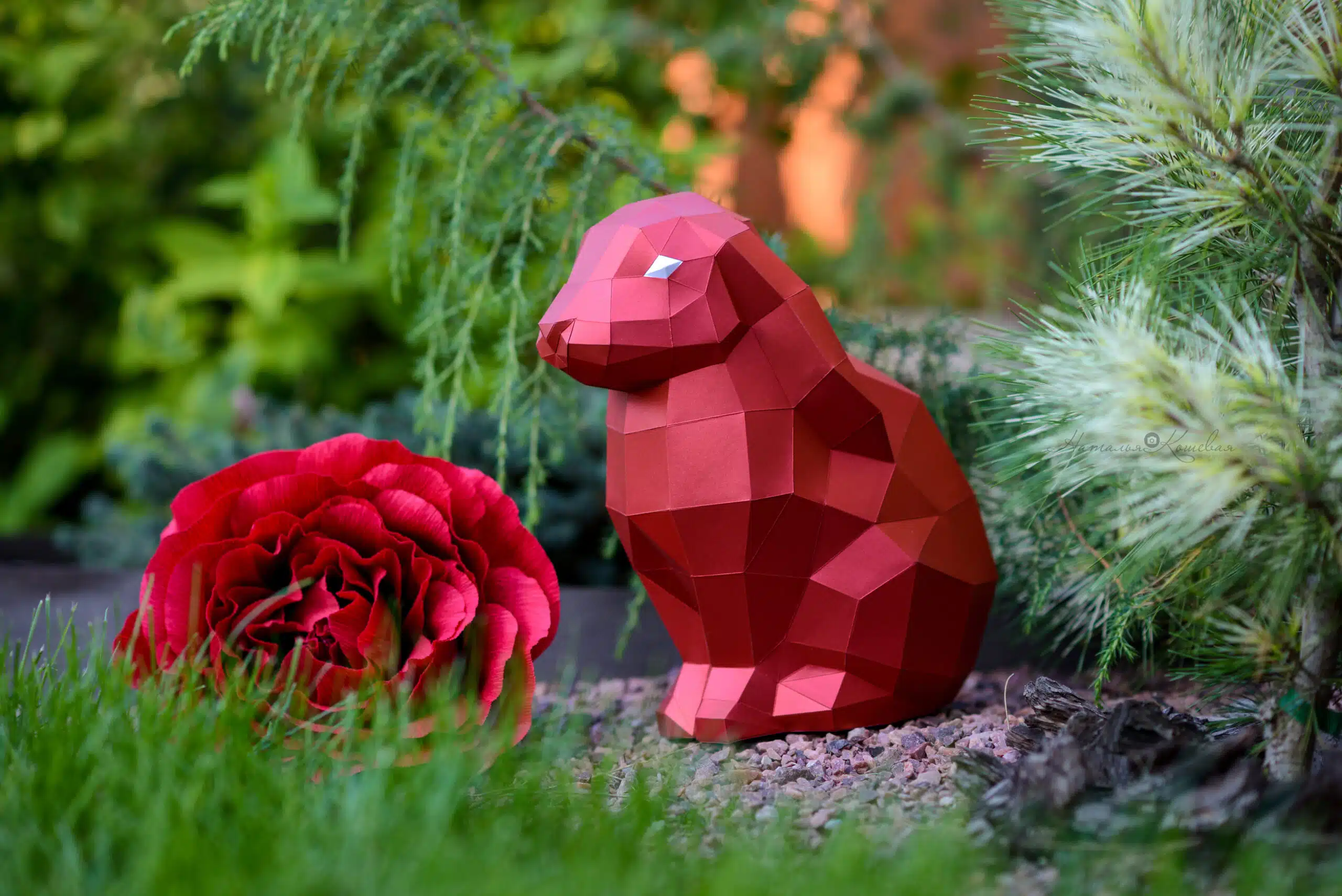 Papercraft de conejo sentado en origami 3D, modelo 3D, vista 2