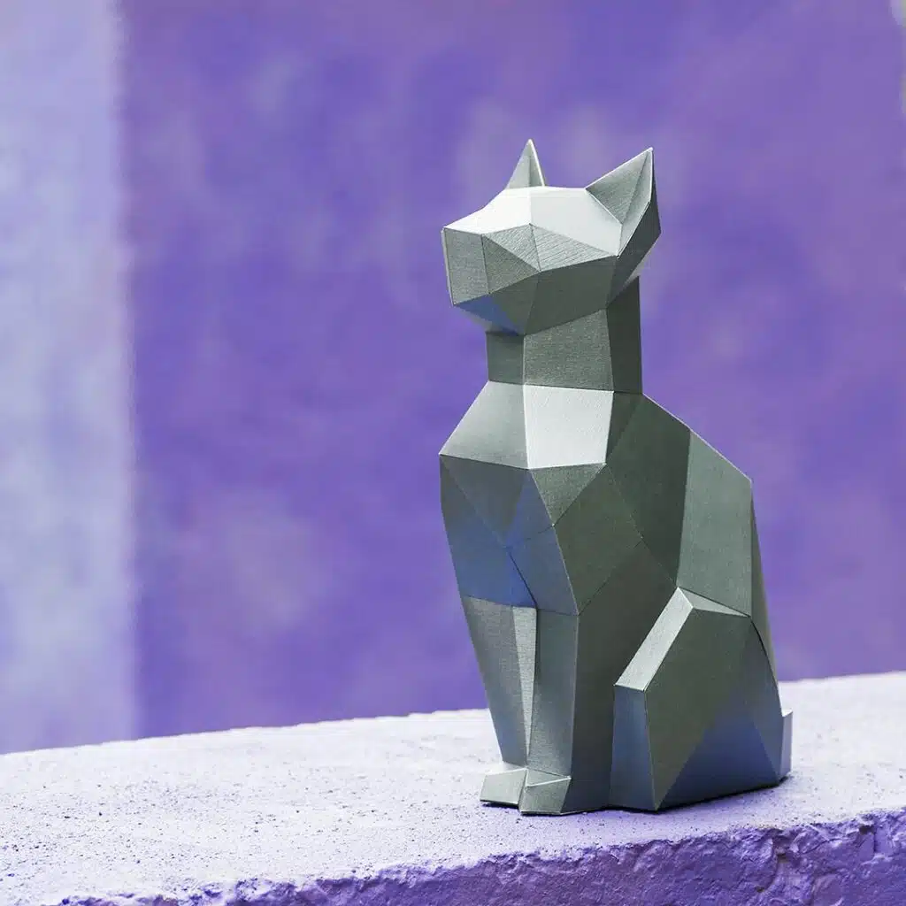 Papercraft de gato sentado em origami 3D