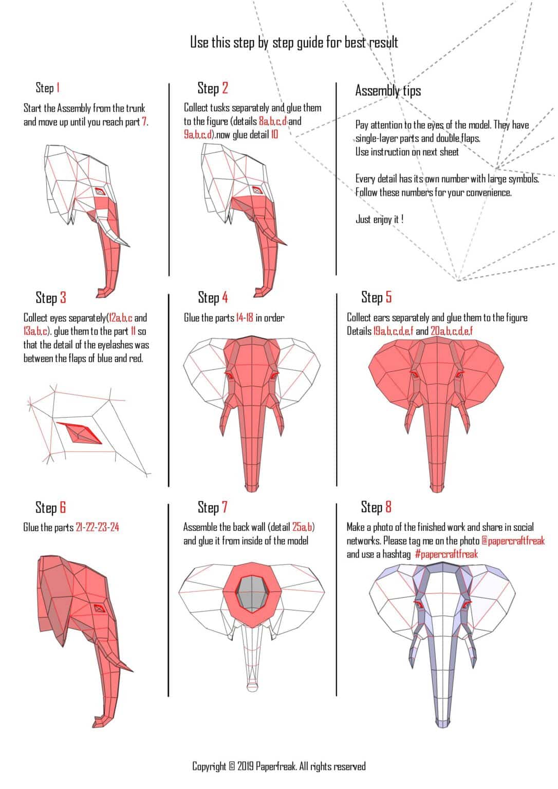 Papercraft elephant head in origami 3D