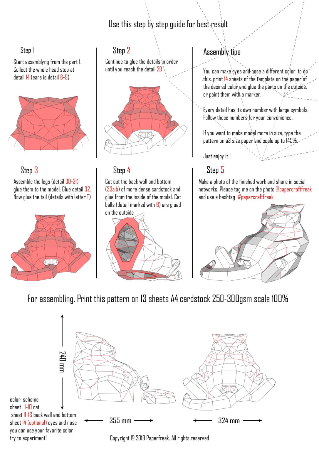 Papercraft de gato grande em origami 3D